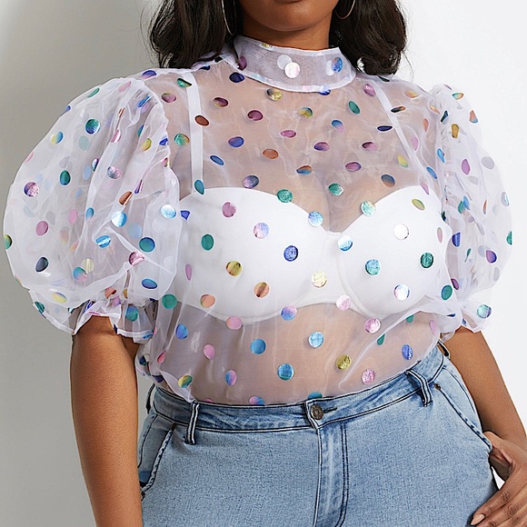 Ashley Stewart Tops - Ashley Stuart Foil Dot Organza Puff Sleeve Top Size 24/3X